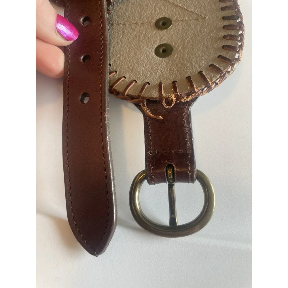 Vintage Hand Tooled Leather Inlay Belt Boho Western Whipstitch Brown Tan Medium